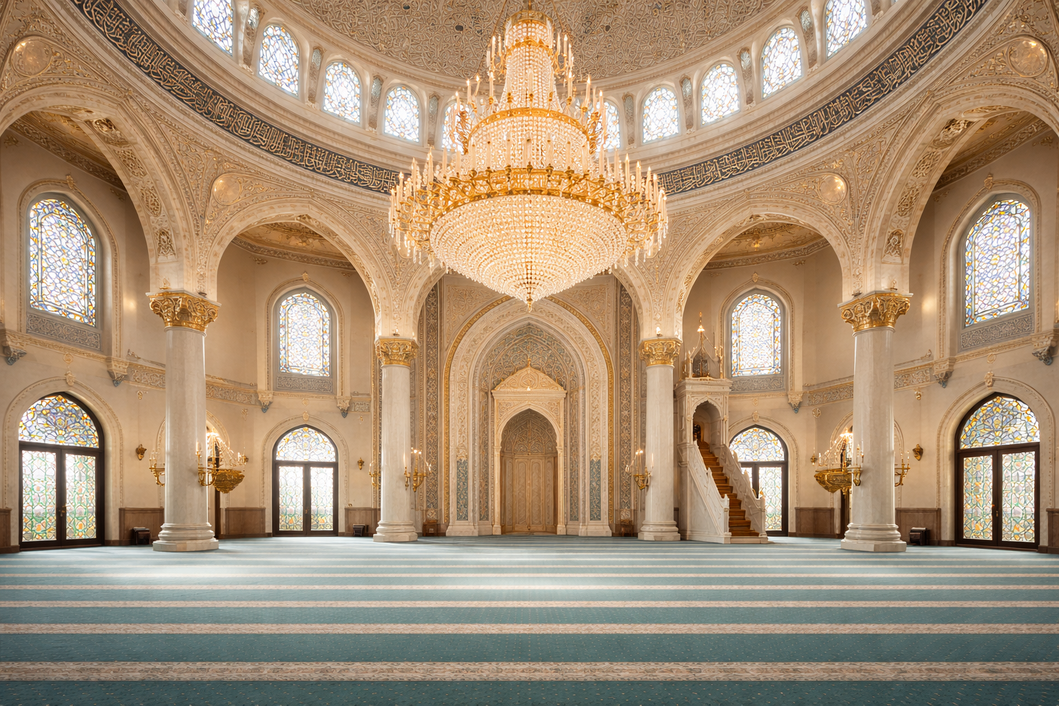 Interior of a grand mosque with ornate arches, large chandelier, stained glass windows, and patterned carpeting.
Clean Mosque Clean Masjid Cleaning Masjid Serivice Muslim cleaning