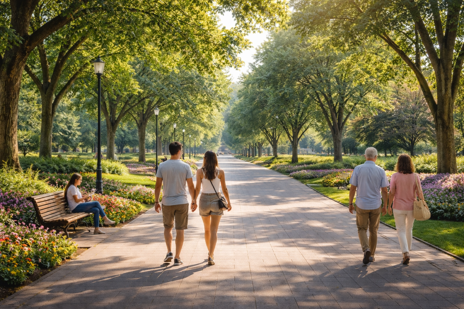 A park scene with people walking and sitting on benches under large trees with green leaves, flower beds, and lampposts on a sunny day.
Clean Park Trail Serivce Park Cleaning Trash Removal