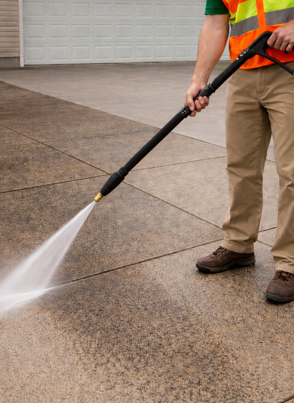 A person wearing a safety vest and khaki pants pressure washing a concrete driveway.