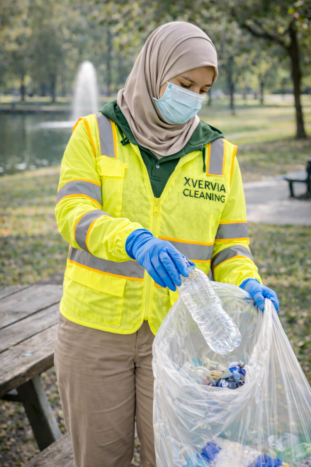 A woman wearing a yellow high-visibility jacket with 'XVERVIA CLEANING' printed on it, a hijab, a face mask, and blue gloves, collecting trash in a park with trees and a fountain in the background.