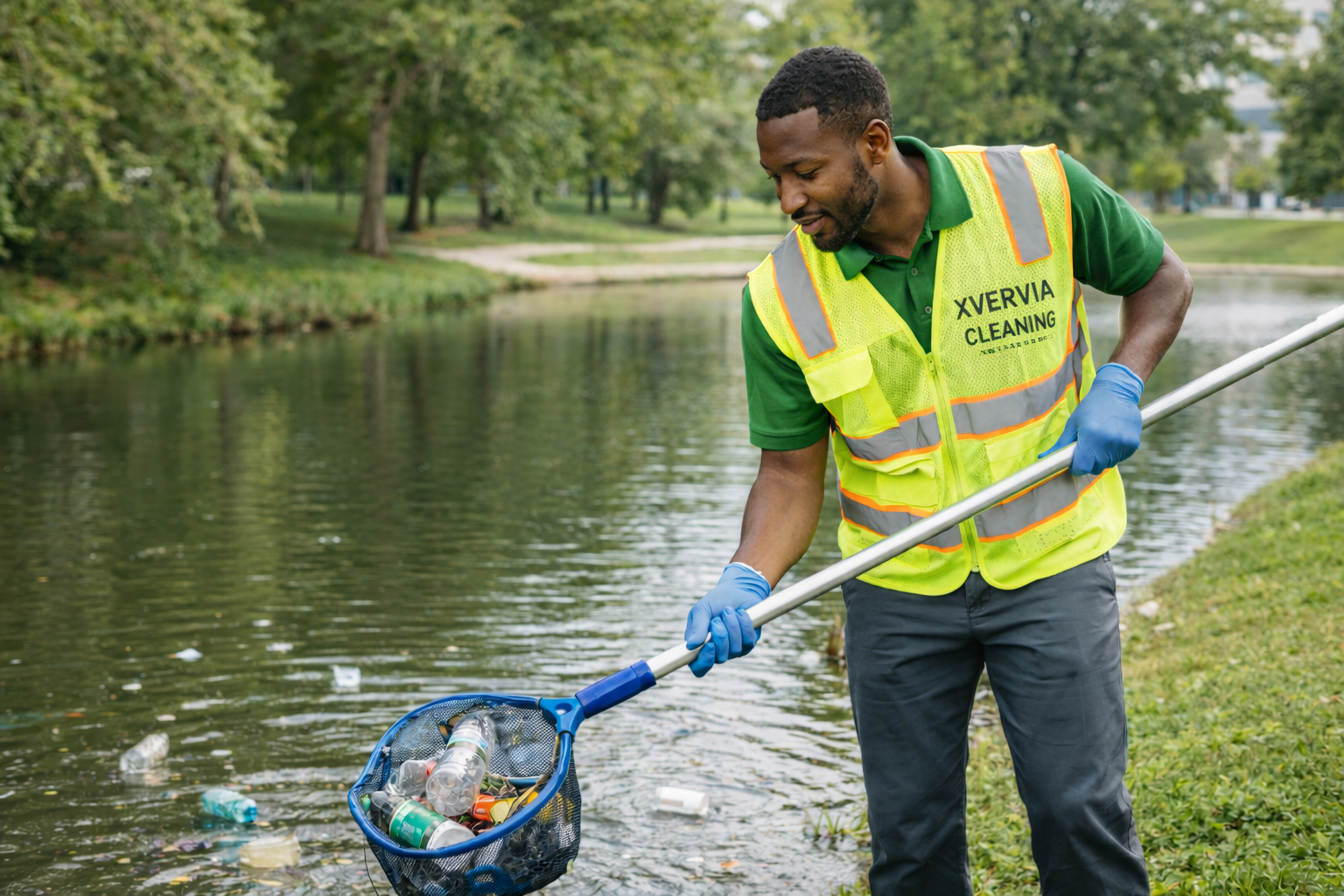 Man in a yellow vest and blue gloves cleaning trash from a pond with a net