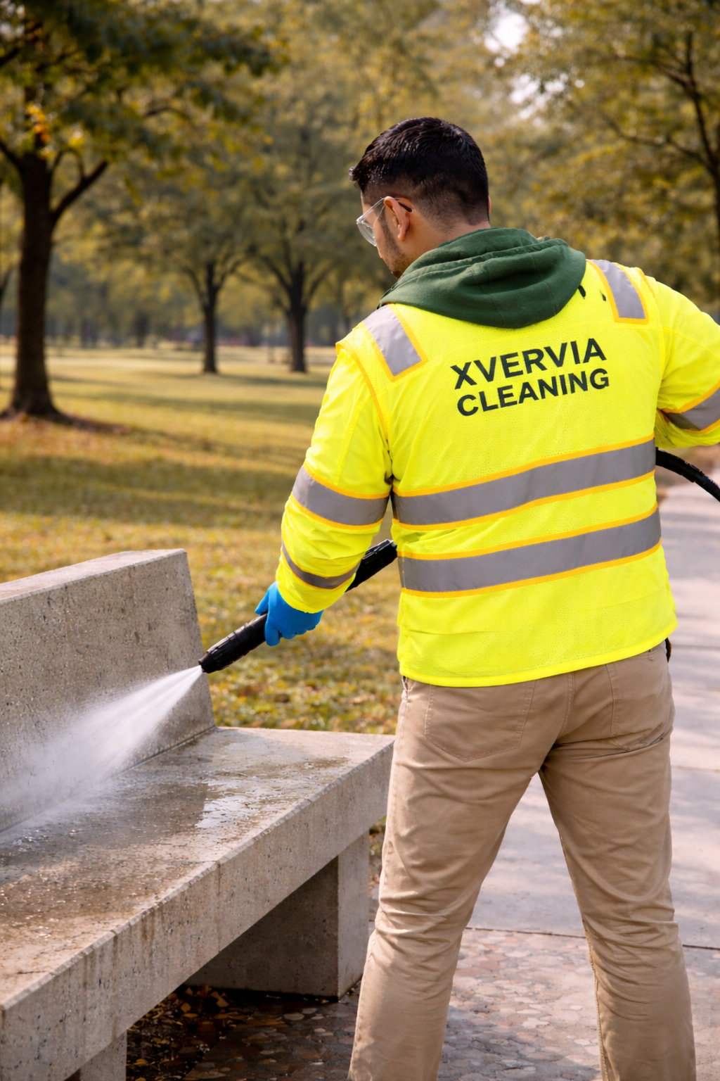Park Pressure Washing Exterior Surface Cleaning Bench Outdoor Gym Pavilion Cleaning
 XVERVIA CLEANING printed on the back, blue gloves, and glasses pressure washing a concrete bench in a park surrounded by trees with fall foliage.
