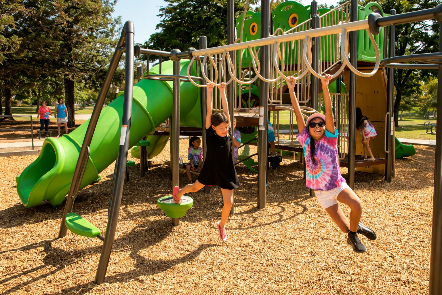 Children playing on playground with green slide, climbing structures, and hanging rings in a park.
Clean Playground
Clean Park Trail Serivce Park Cleaning Trash Removal
