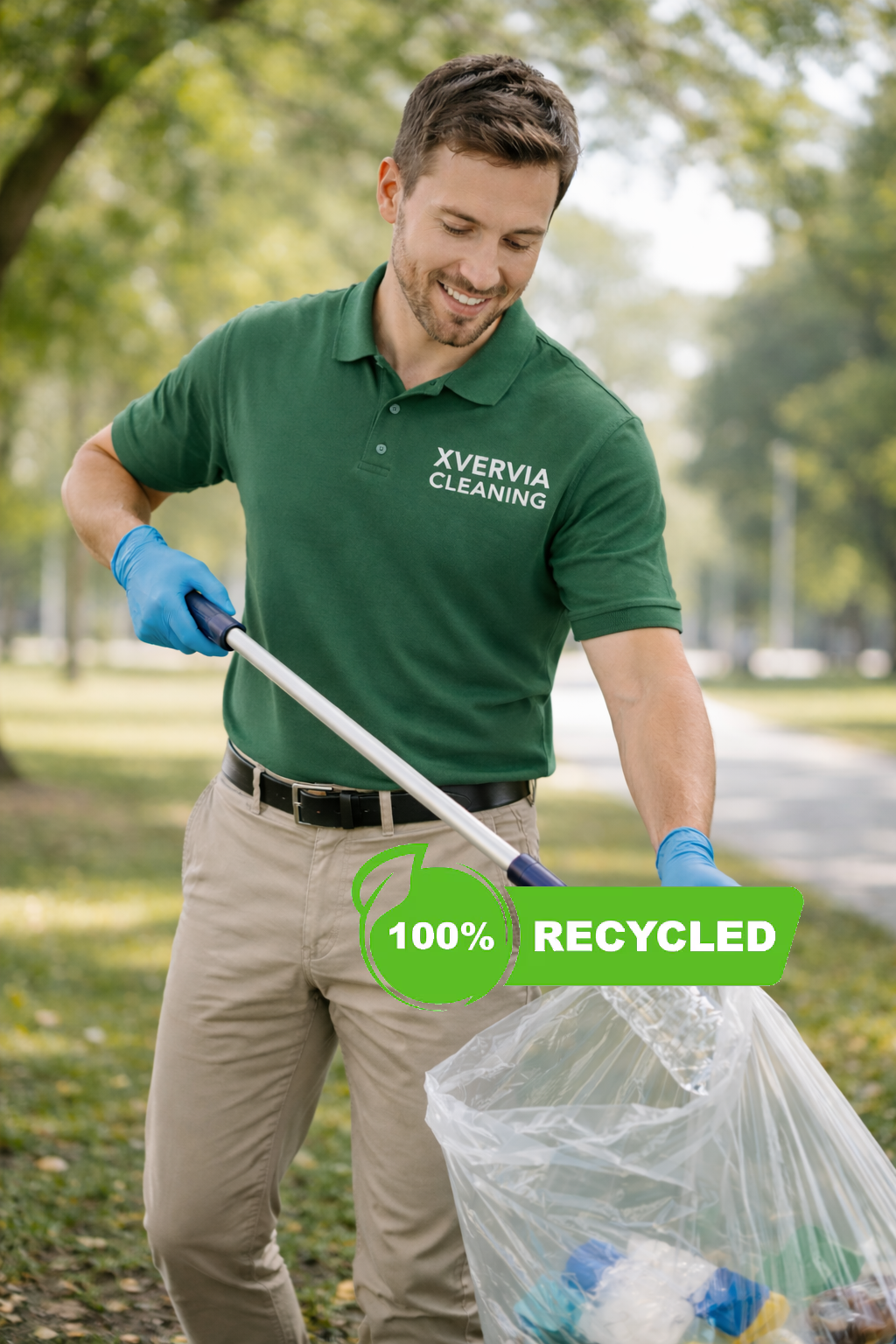A man in a green polo shirt with 'XVERIA CLEANING' logo, wearing blue gloves, is picking up trash with a trash picker in a park. There is a transparent trash bag with recycled plastic bottles, and a green 100% recycled. Litter Pick Up Service