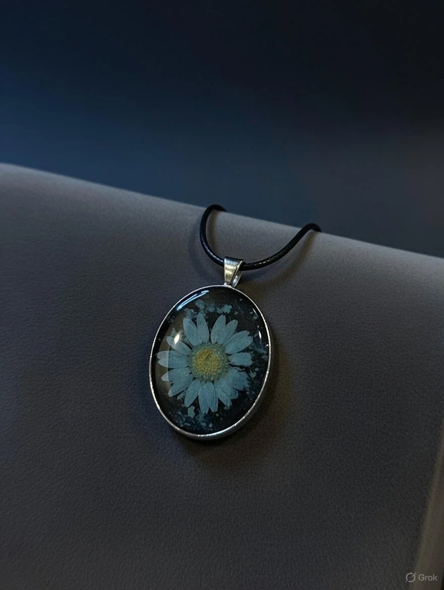Pendant necklace with a daisy flower encased in a glass oval, hanging from a black cord.