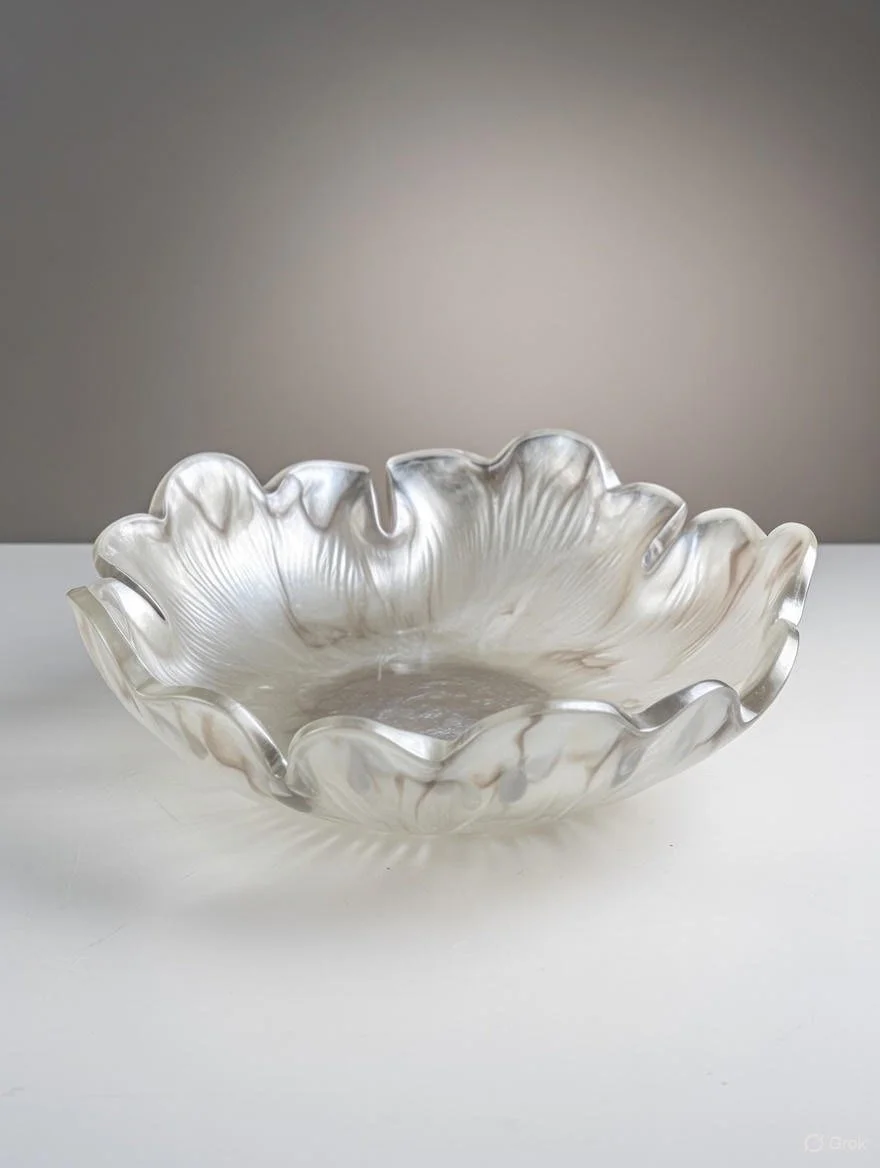 A decorative glass bowl with a ruffled, wavy edge, translucent and with a swirled marbled pattern, sitting on a white surface against a neutral background.