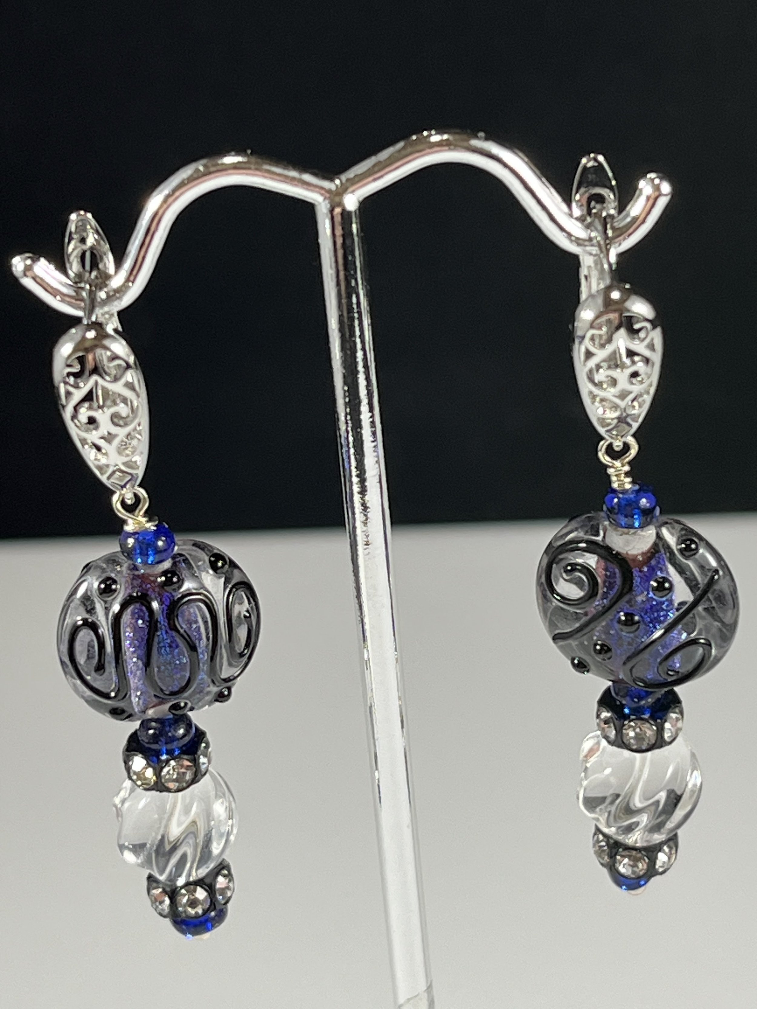Lampwork Blue & Crystal Sterling Silver Earrings