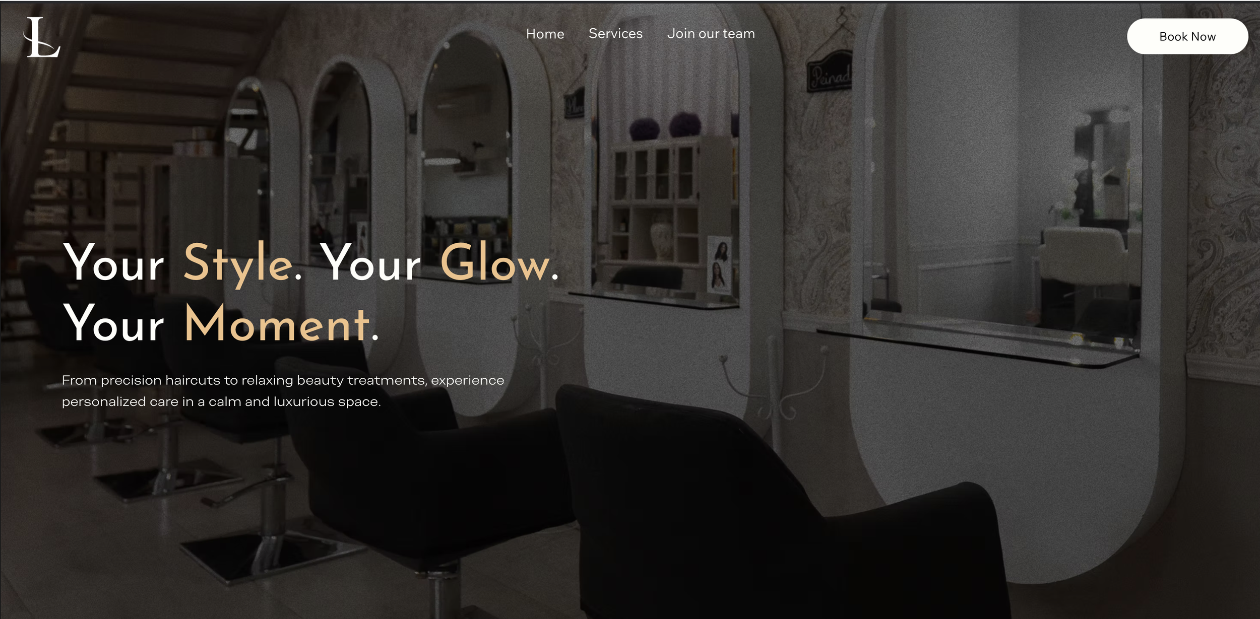 Interior of a beauty salon or hair studio with styling chairs in front of mirrors, decorated with patterned wallpaper and a reception area. Text overlay promoting beauty services.