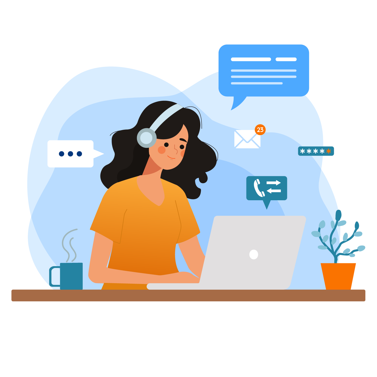 Illustration of a woman with dark, curly hair wearing headphones, sitting at a desk with a laptop, coffee mug, and potted plant. She is engaged in a virtual conversation with chat, email notifications, and messaging icons floating around her.