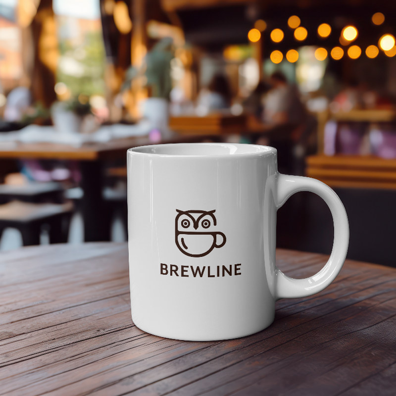 A white coffee mug with a black logo and text that says BREWLINE on a wooden table in a cozy, dimly lit restaurant or café with people in the background.