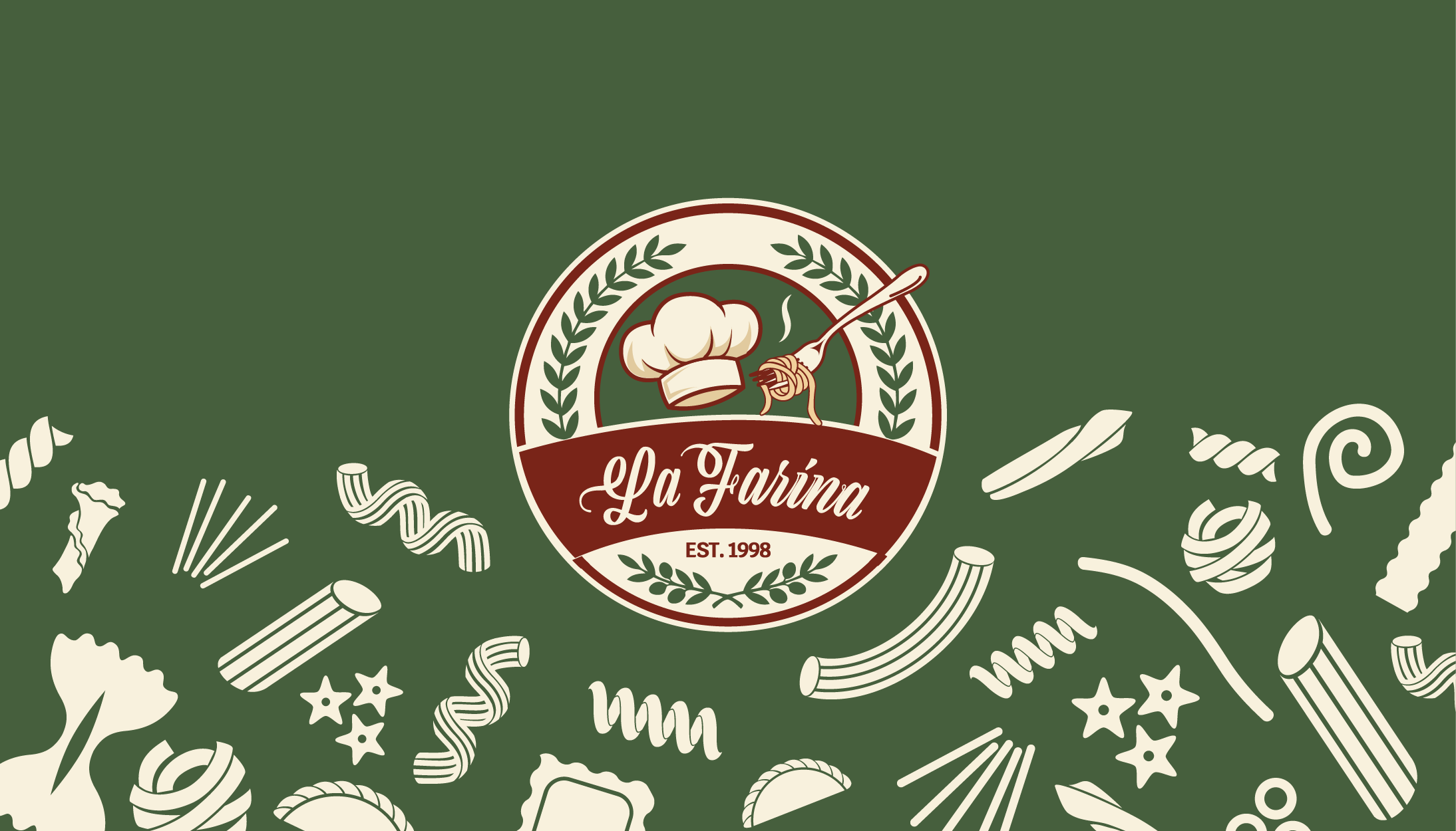 Logo for La Farina featuring a chef's hat, a spoon with spaghetti, and laurel branches with the text 'Est. 1998'.