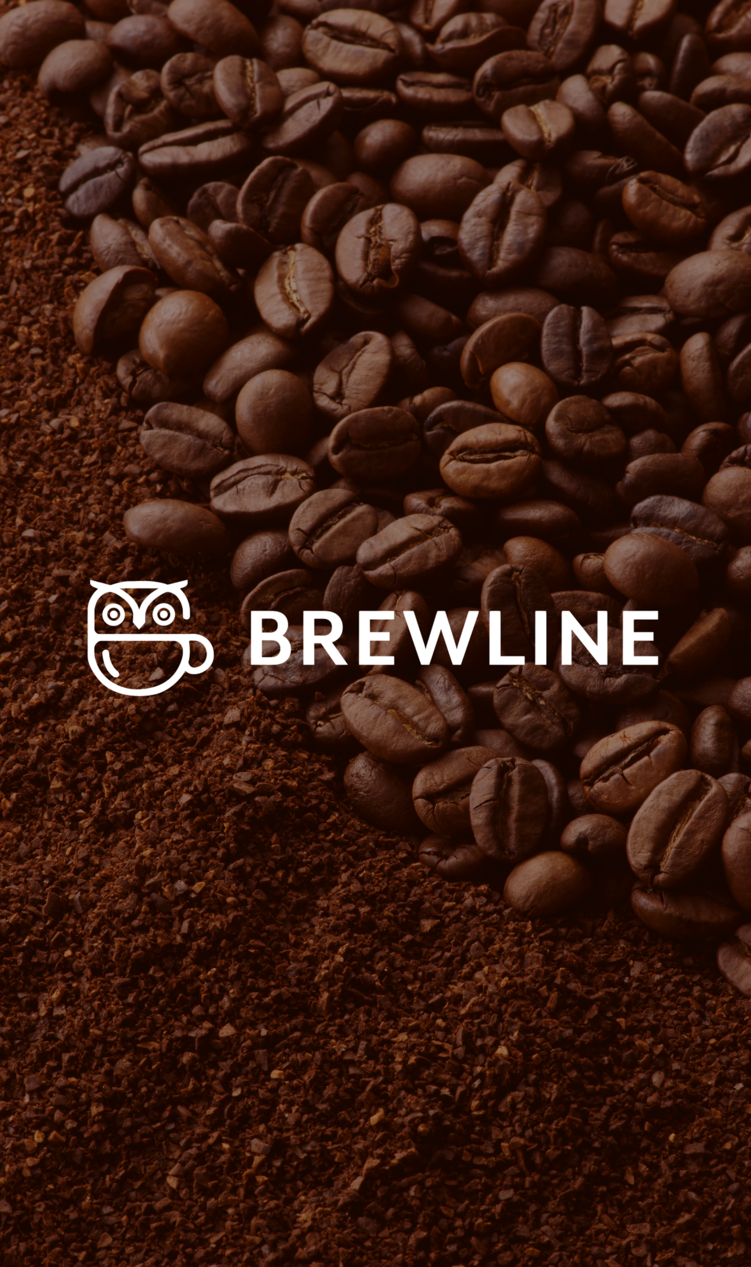 Close-up of roasted coffee beans scattered on ground coffee, with the Brewline logo and name overlayed.