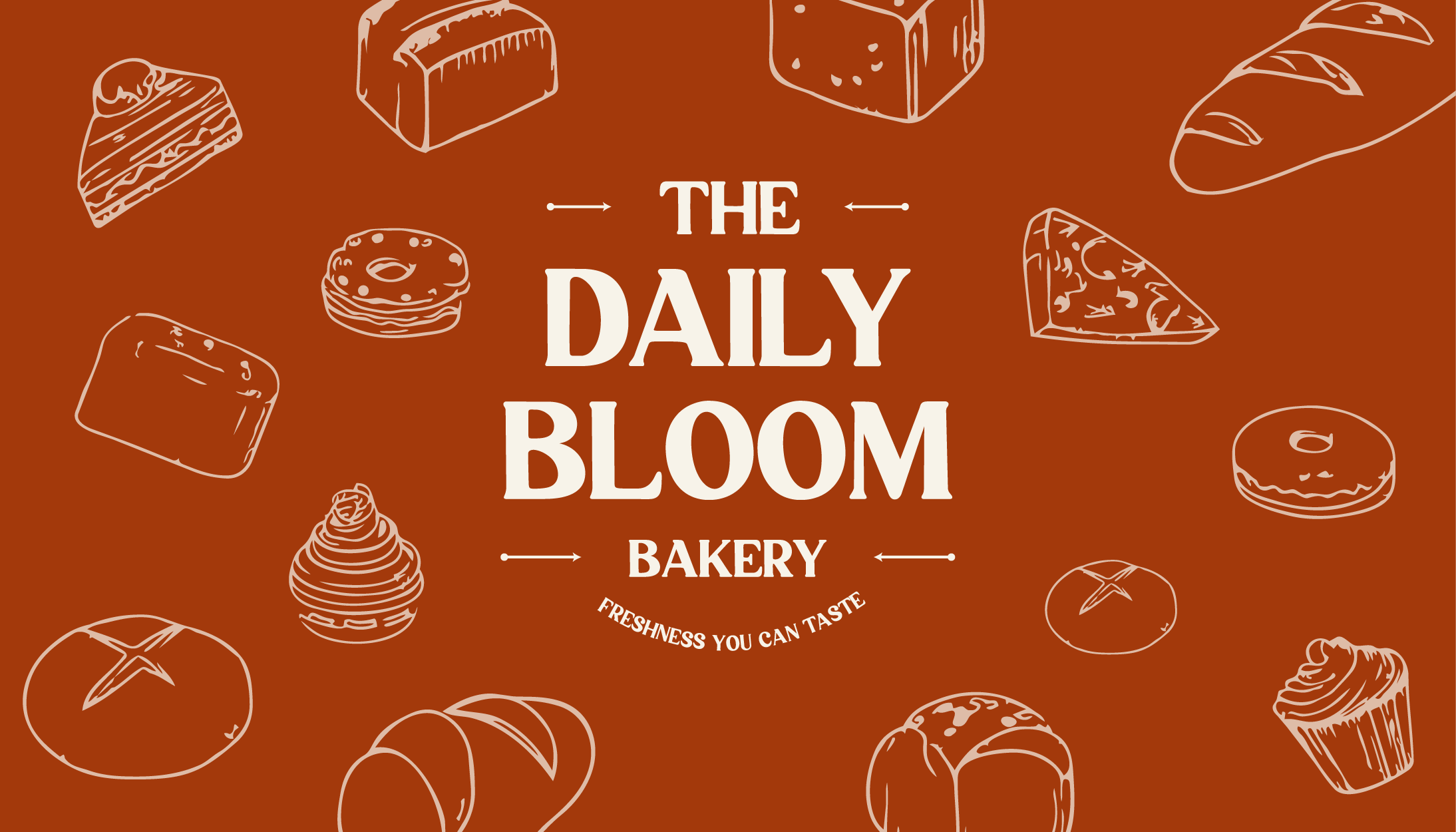 Bakery sign with white line illustrations of various baked goods and the text 'The Daily Bloom Bakery' on a brown background.