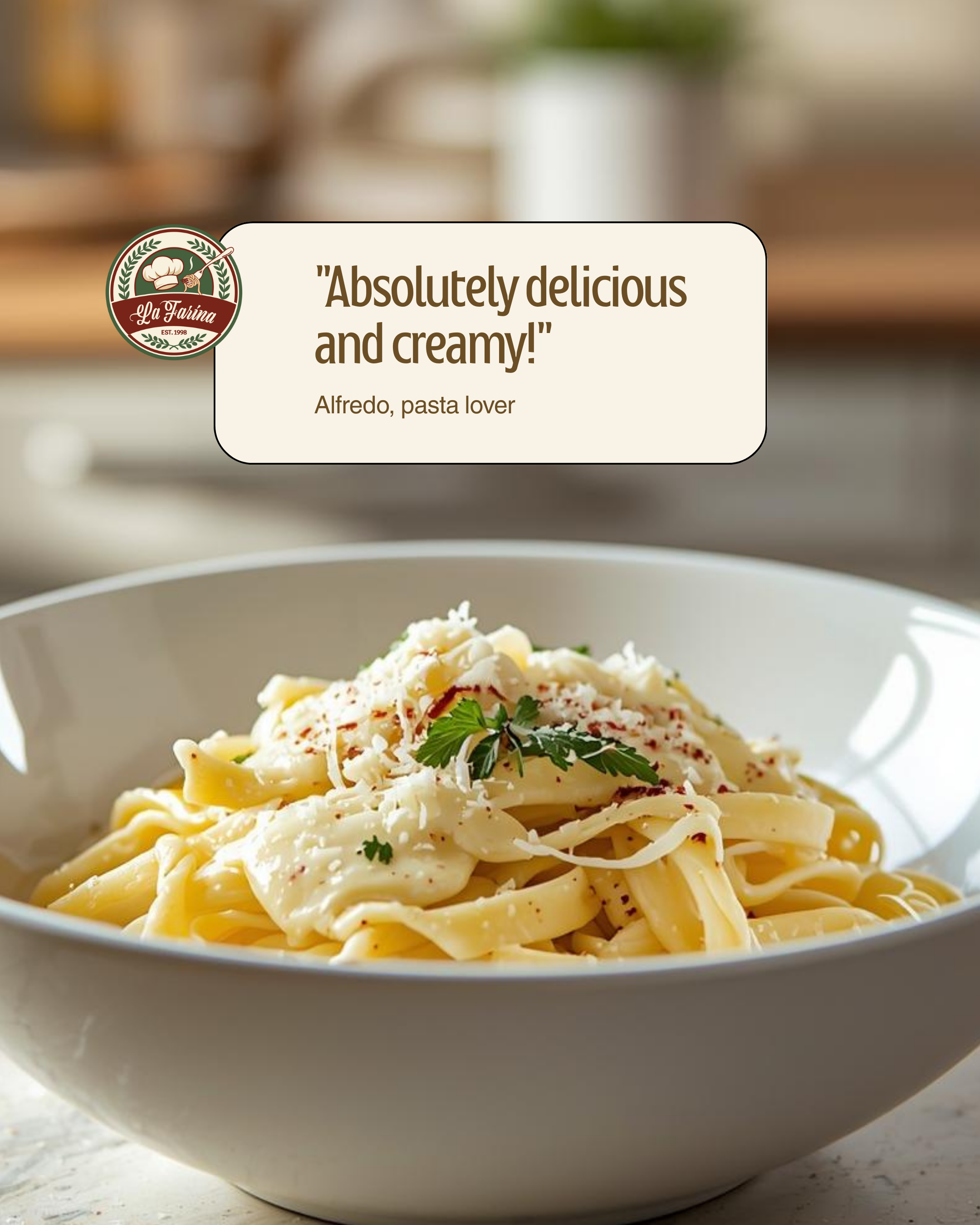 A bowl of creamy Alfredo pasta garnished with parsley and grated cheese, set on a light-colored surface.
