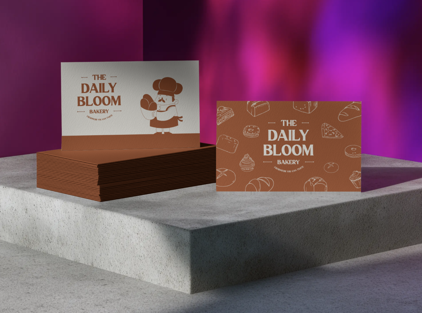 Two bakery signs displayed on a textured surface with a purple and pink gradient background. One sign features a cartoon chef holding a loaf of bread, and the other is decorated with outline sketches of various baked goods.