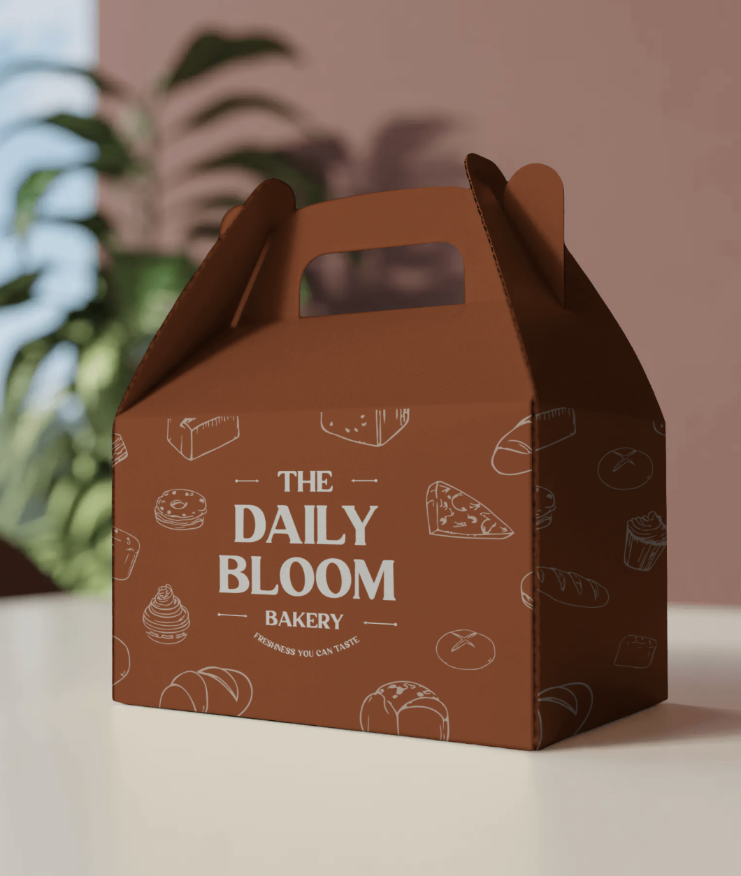 A brown bakery box from The Daily Bloom Bakery with white illustrations of baked goods, placed on a white surface with a blurred plant in the background.