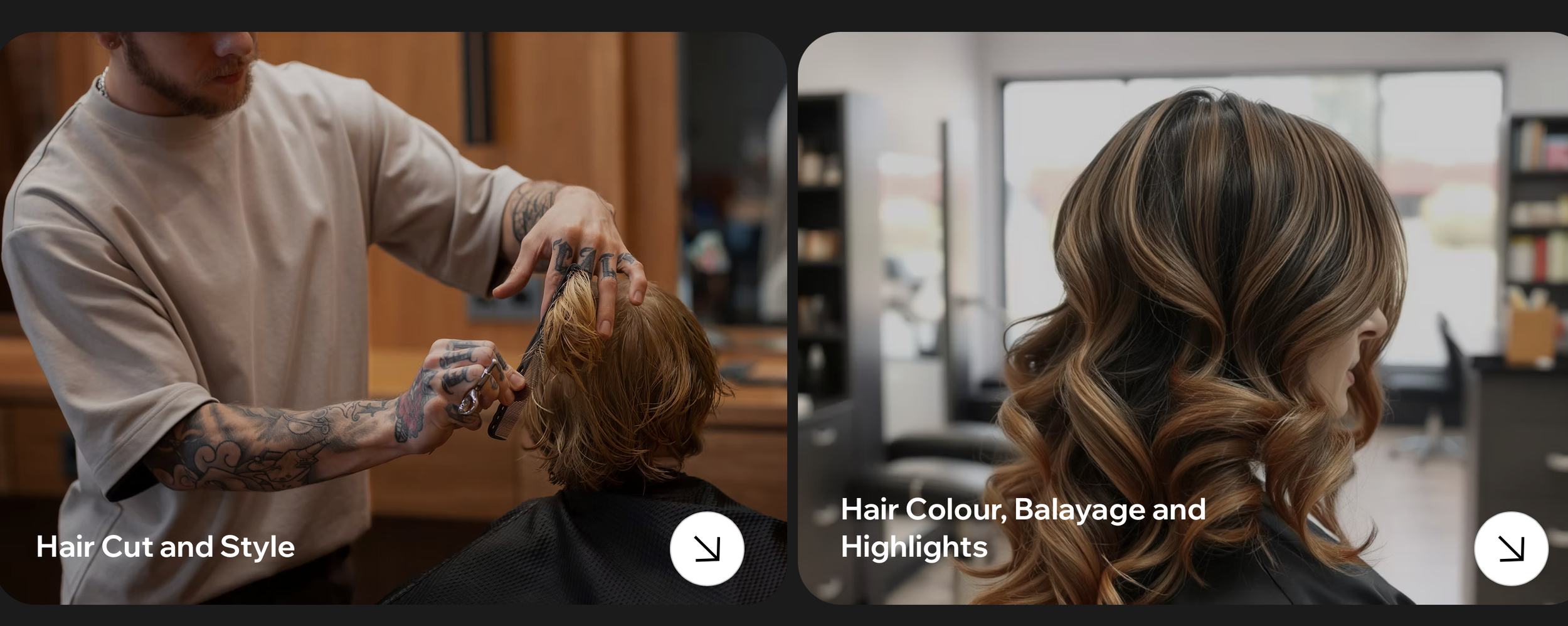 A hairdresser cutting a person's hair on the left, and a woman with styled hair and highlights on the right.