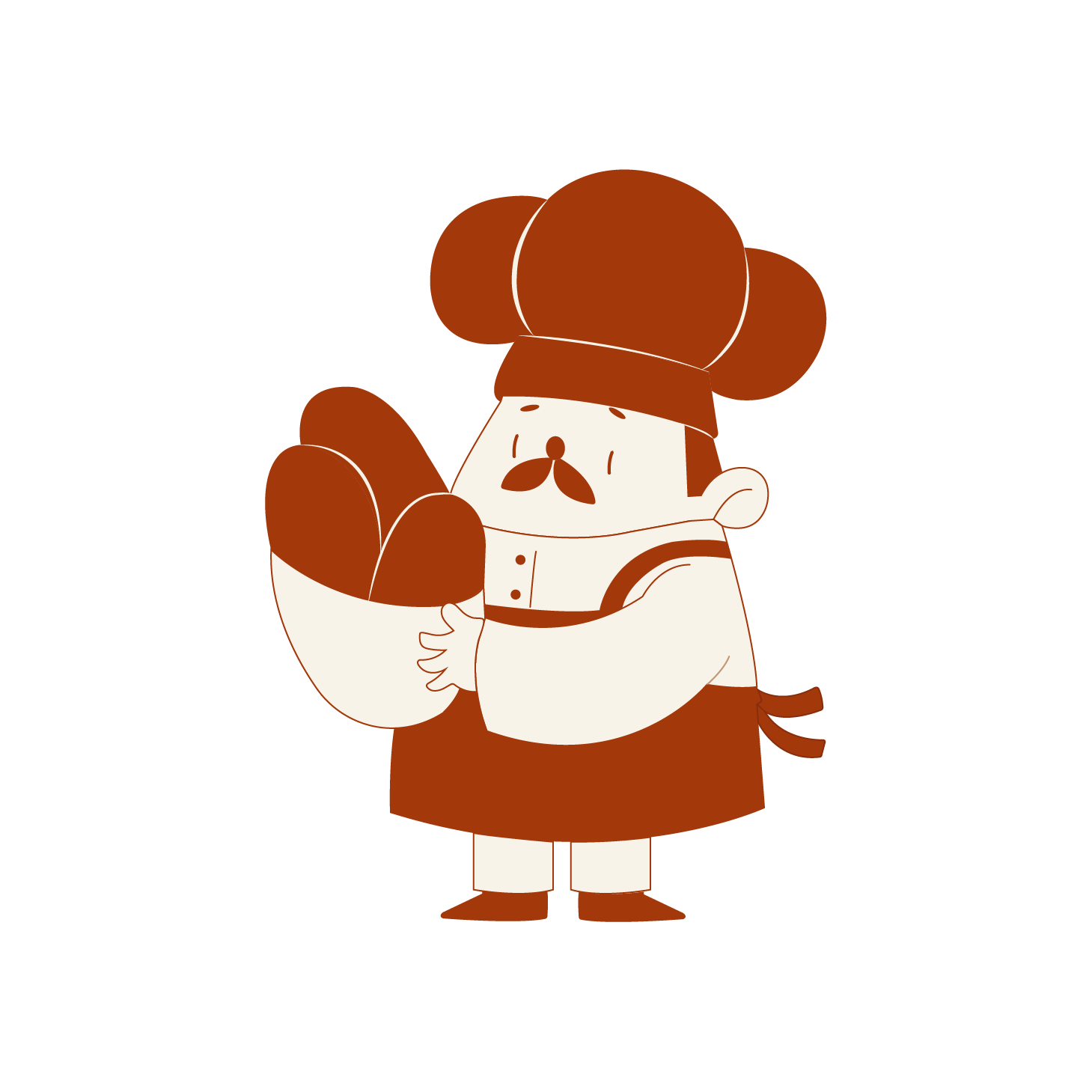 Cartoon chef with a mustache, wearing a large chef's hat and apron, holding a bowl of bread or baked goods.