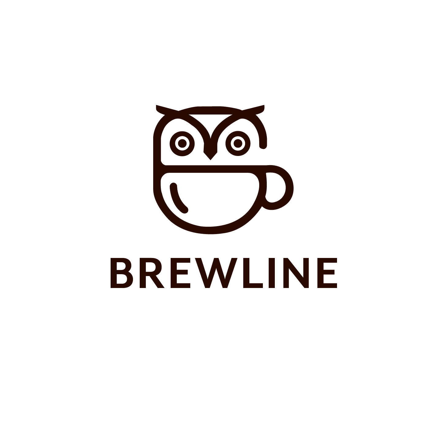 A logo featuring a coffee cup with an owl's face design and the word 'BREWLINE' underneath.