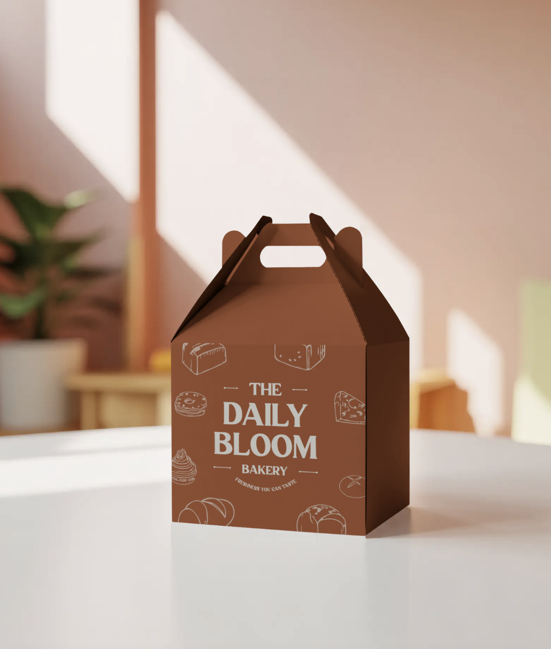 A brown bakery box from The Daily Bloom Bakery on a white table, with illustrations of baked goods and sunlight shadows in the background.