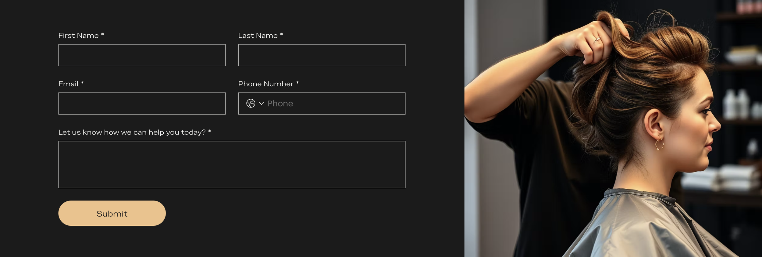 A woman at a hair salon getting her hair styled by a stylist, with a salon background. Next to the woman, there is an online form with fields for first name, last name, email, phone number, and a message, along with a submit button.
