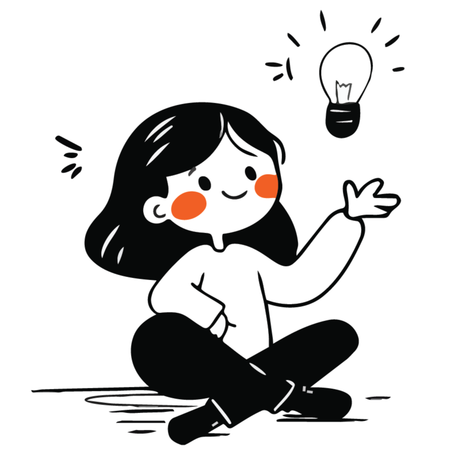 A cartoon girl sitting cross-legged with a big smile, raising her right hand, with a glowing light bulb above her head representing an idea.