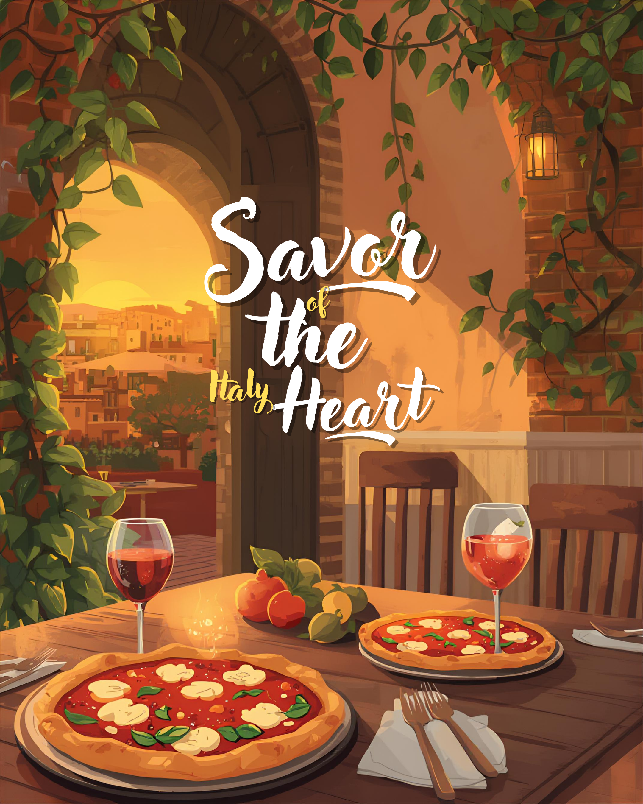 Illustration of a cozy Italian restaurant dining scene at sunset with two pizzas, glasses of red wine, and fresh tomatoes on a wooden table, surrounded by green foliage and brick walls, with an open door leading outside and text "Savor of the Heart I