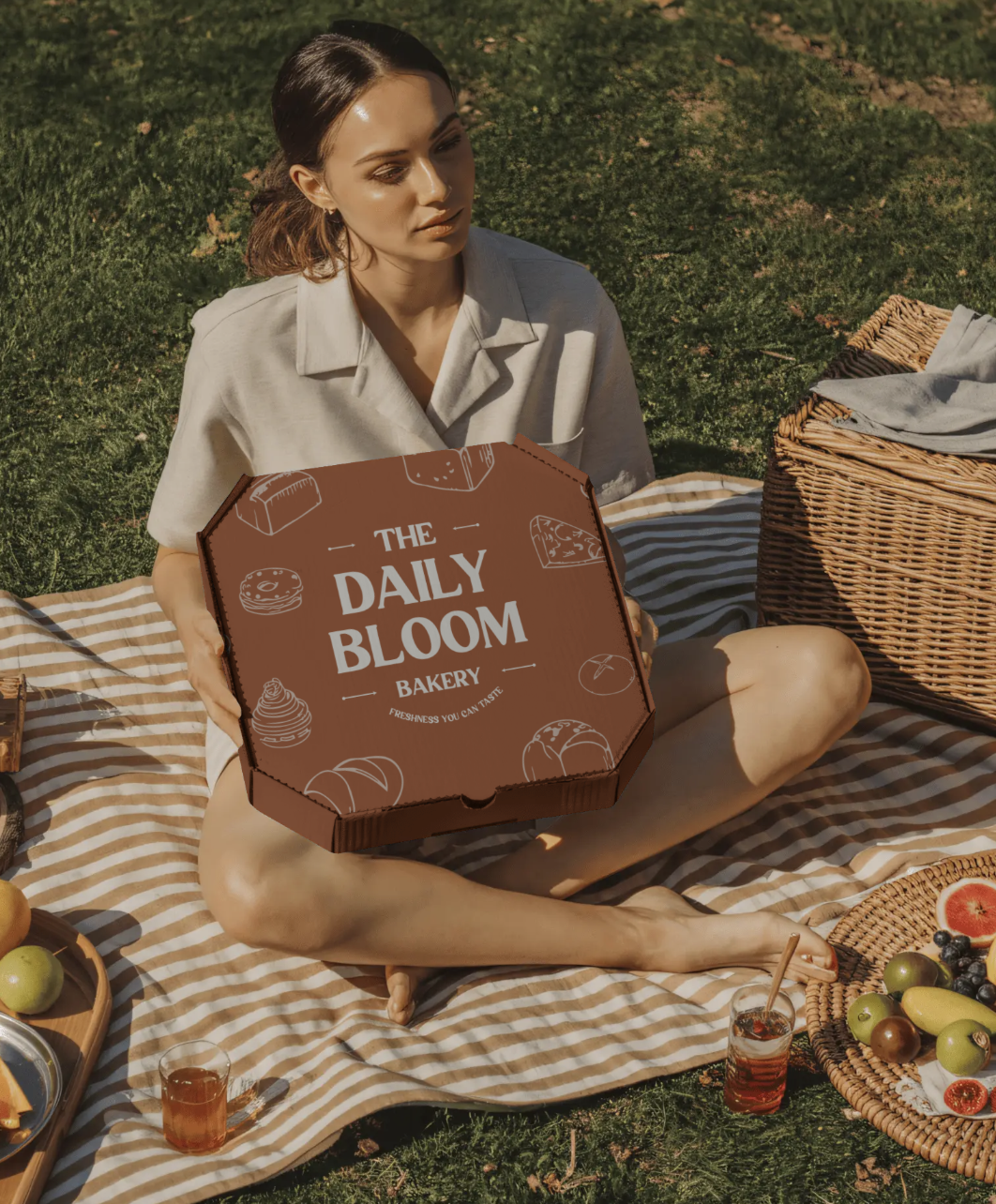 A woman sitting on a striped picnic blanket outdoors holding a bakery box from The Daily Bloom Bakery, with a basket of fruit and glasses of drink nearby.