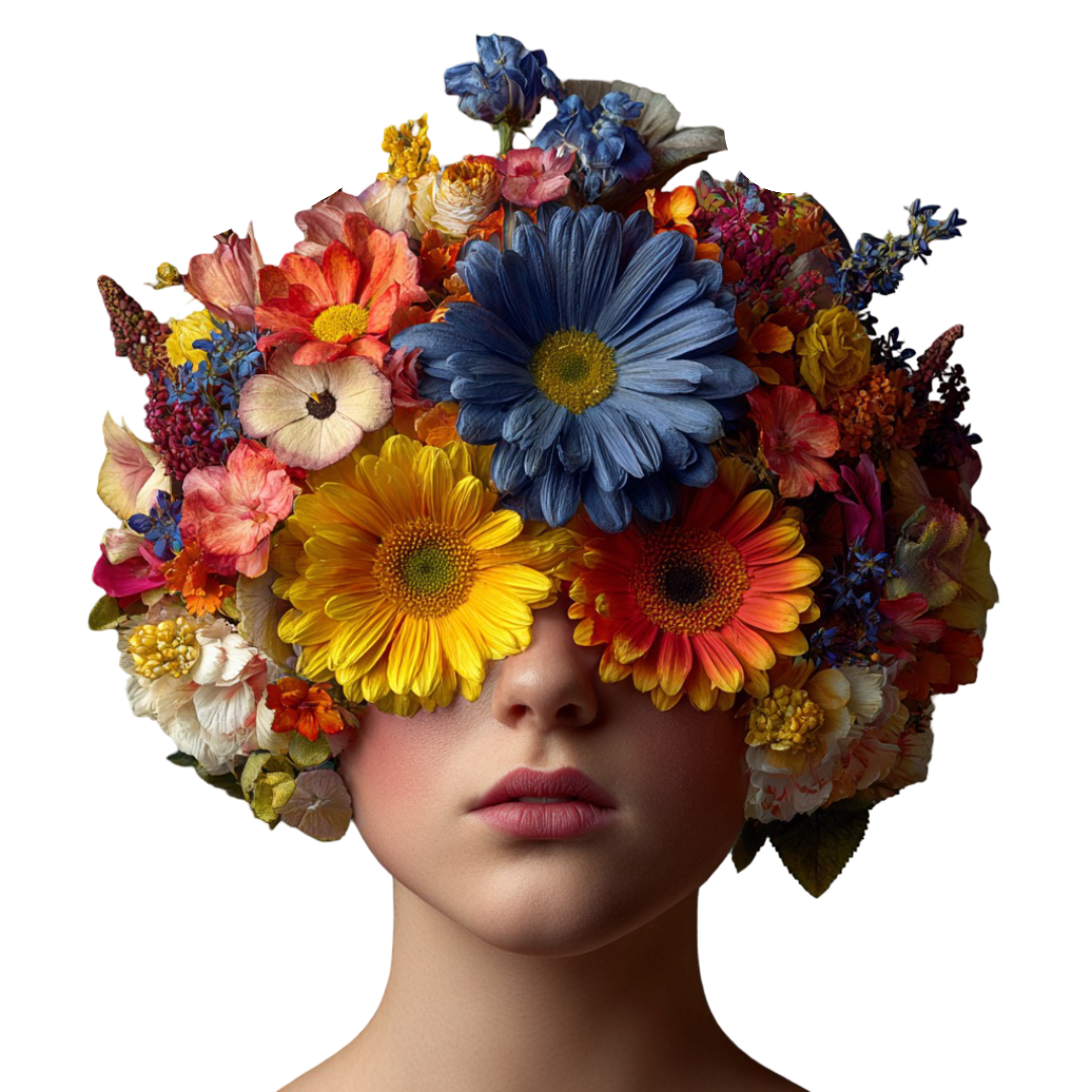 A woman with her face partially obscured by a large bouquet of colorful flowers, covering her eyes and forehead.