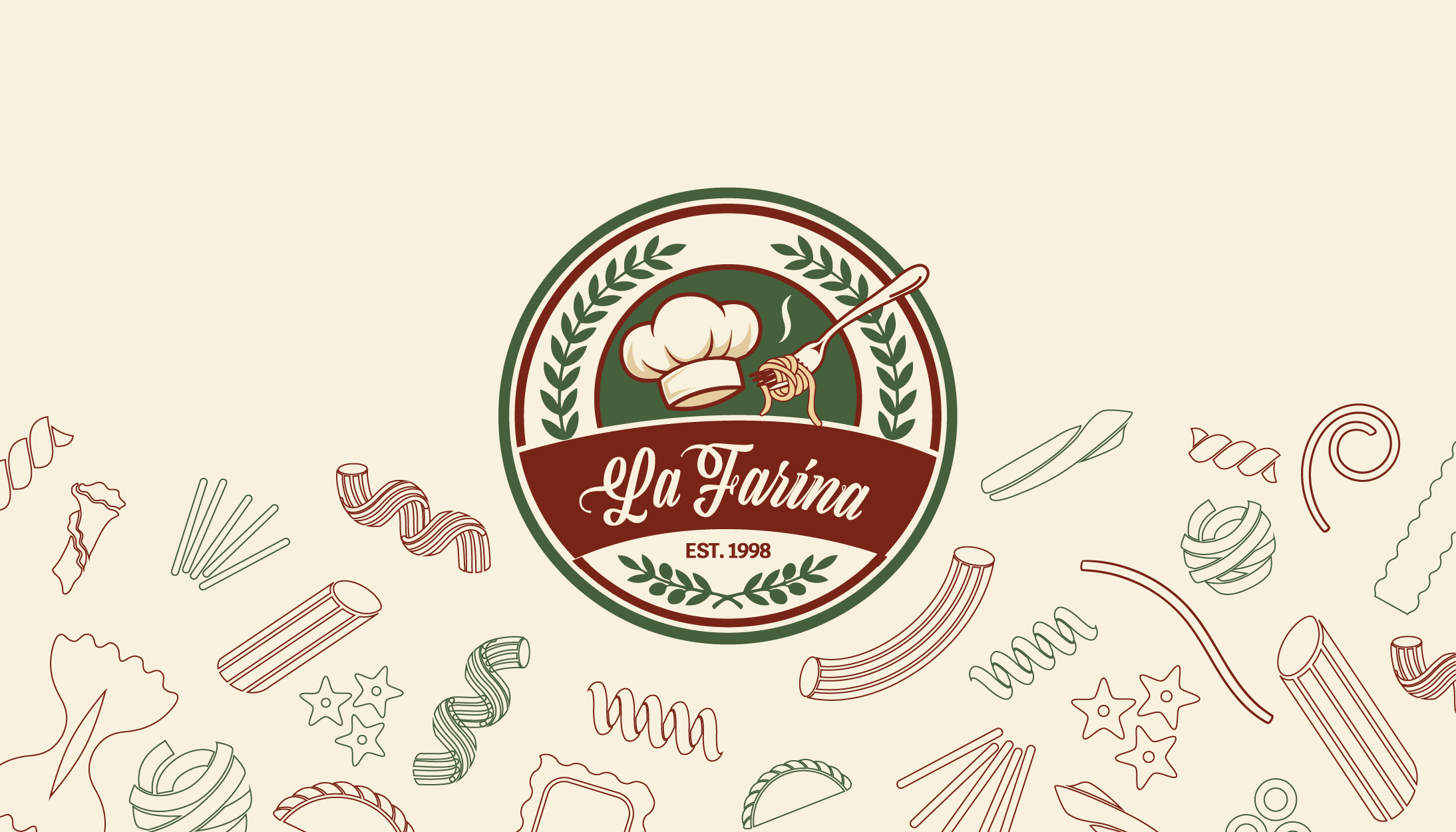 Logo for La Farina featuring a chef's hat and a fork with pasta, encircled by green laurel leaves, with various pasta illustrations surrounding it on a beige background.