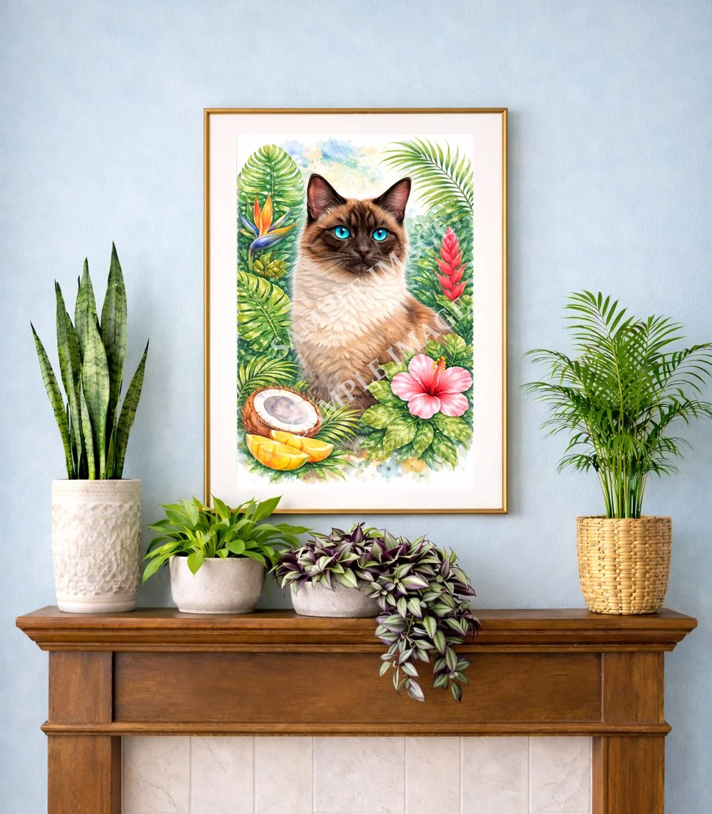Siamese Cat and Tropical Plants