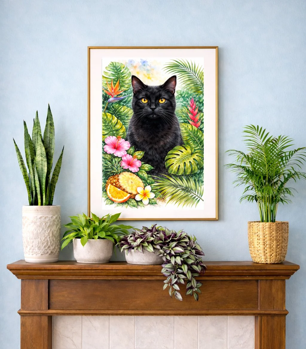 Short Hair Black Cat and Tropical plants
