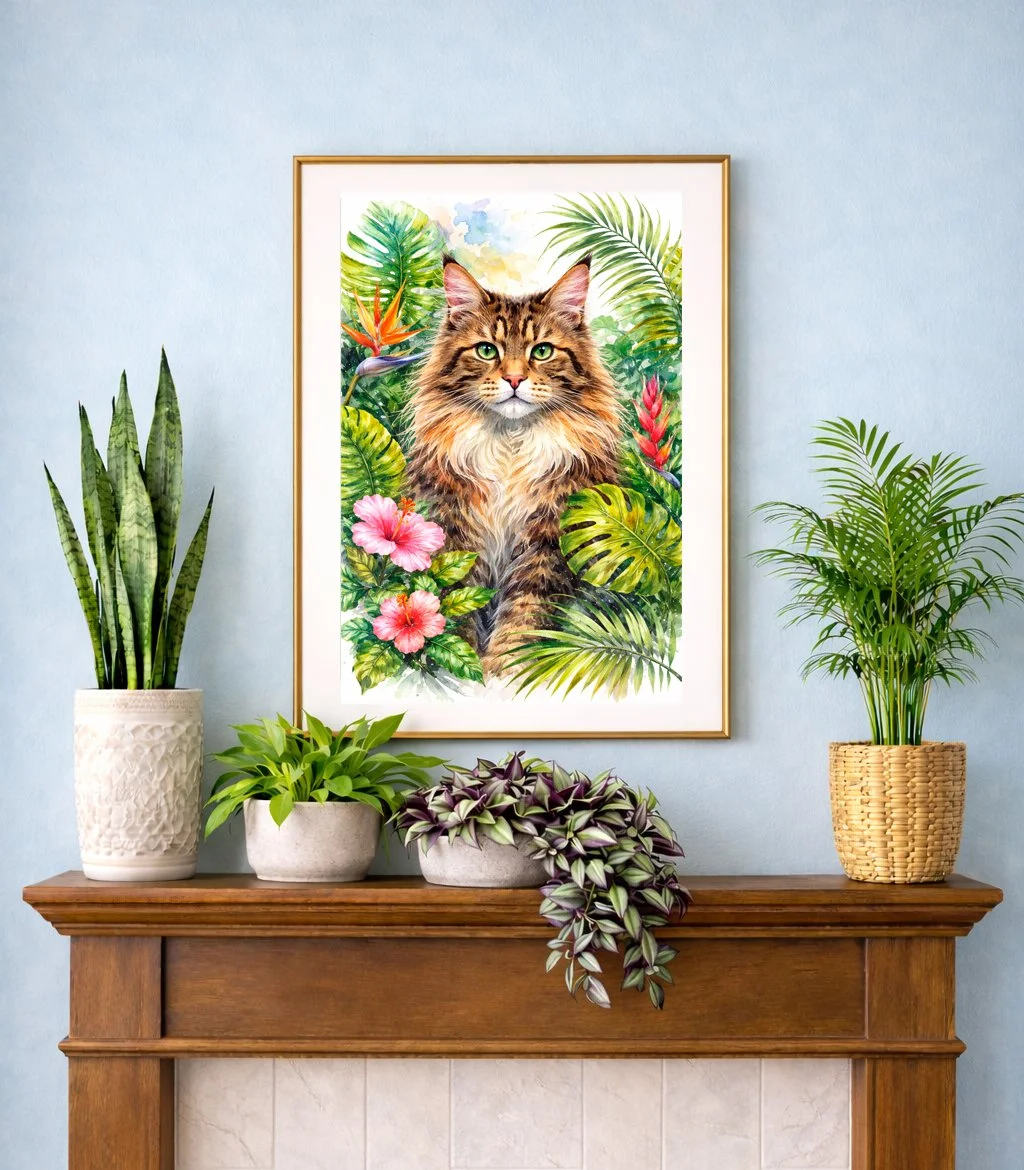 Maine Coon Portrait with Tropical plants