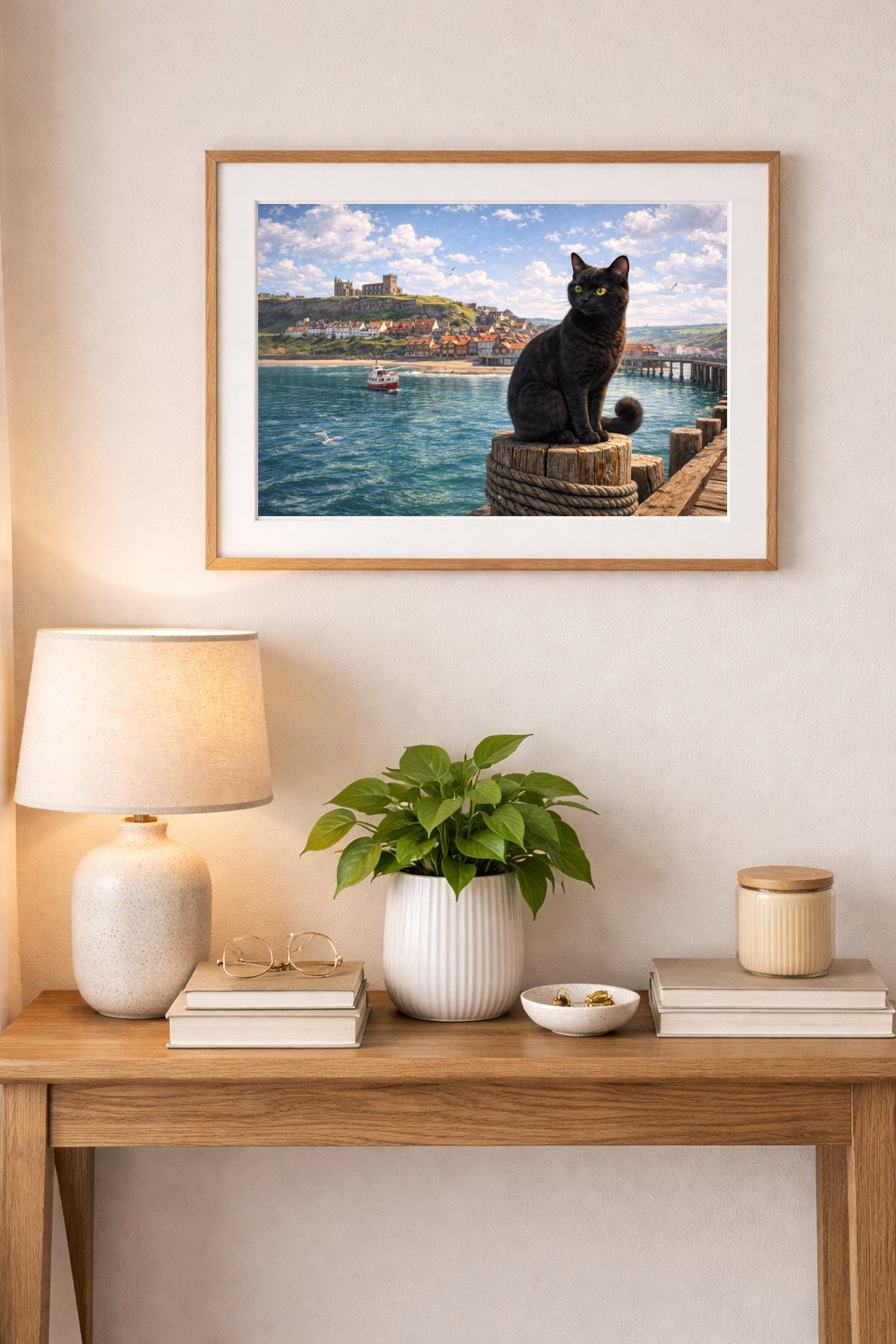 Black cat and Whitby Harbour