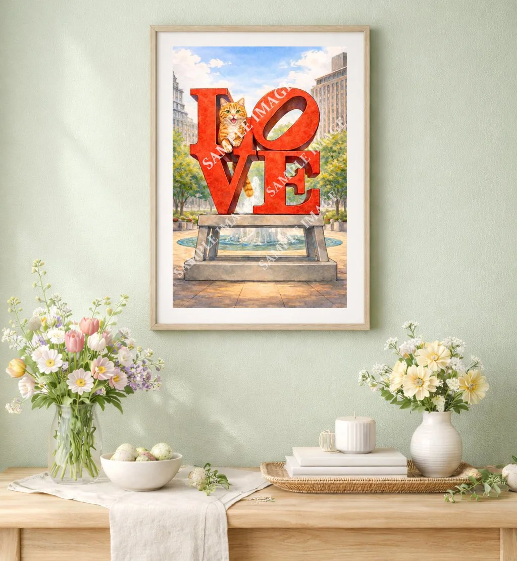 Orange cat and LOVE sculpture