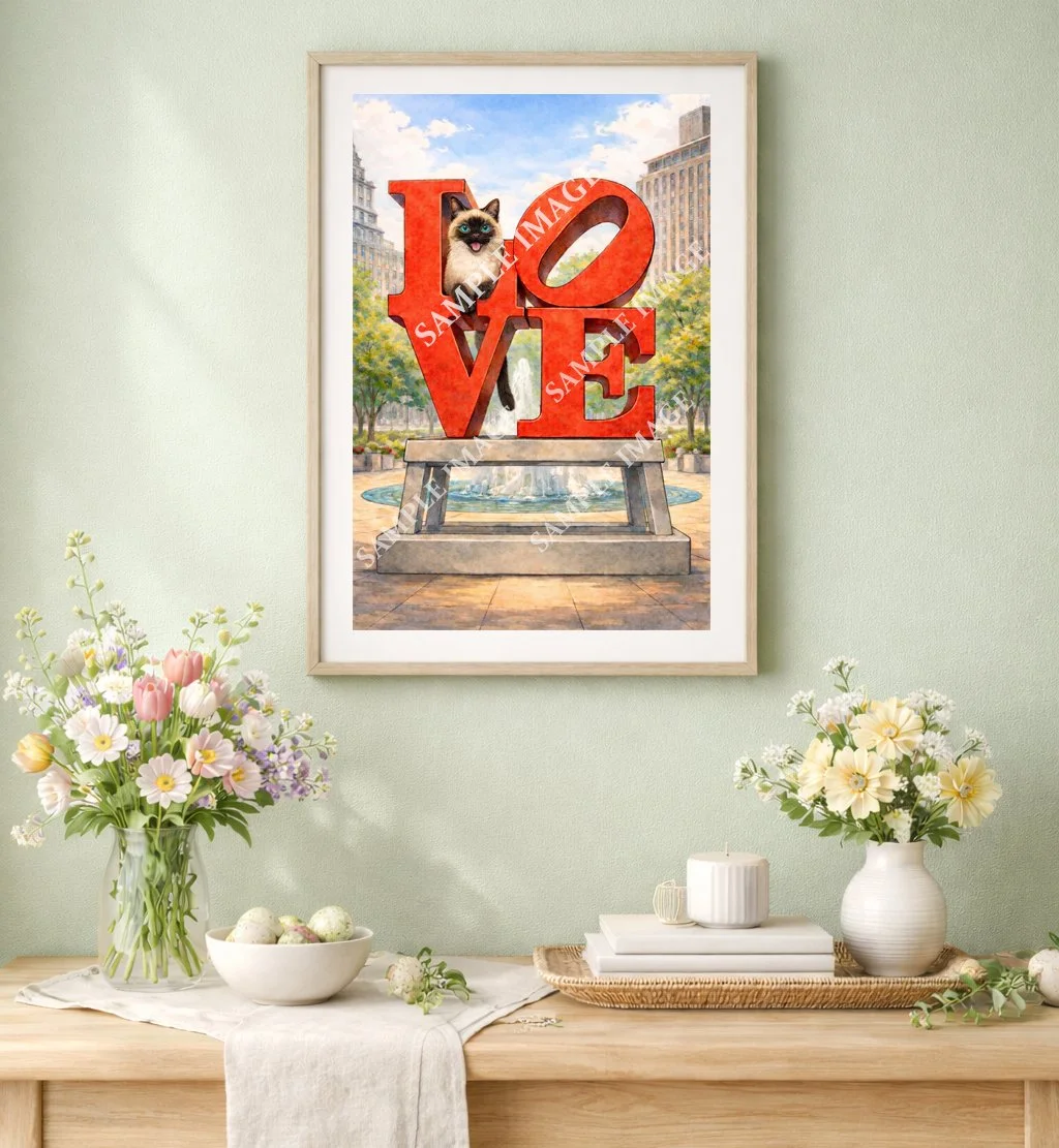 Siamese cat and LOVE sculpture