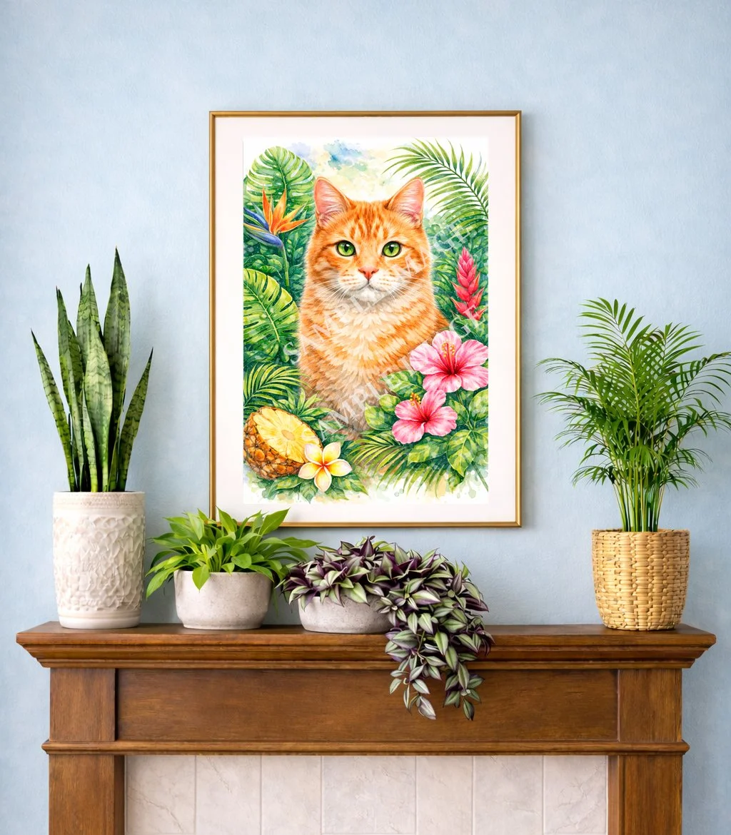 Orange Cat and Tropical Plants