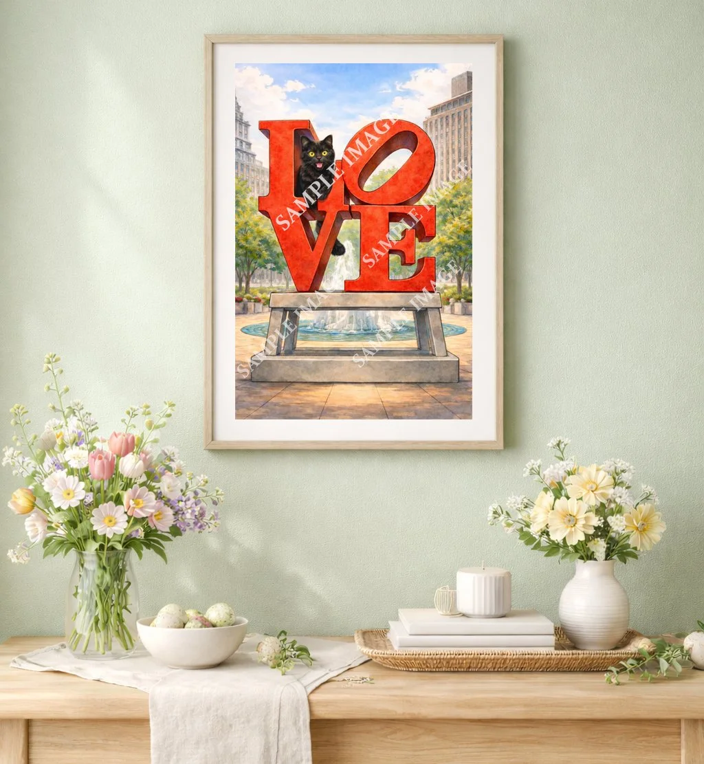 Adventure travel cat printable illustration around the world, digital artwork for cat lovers