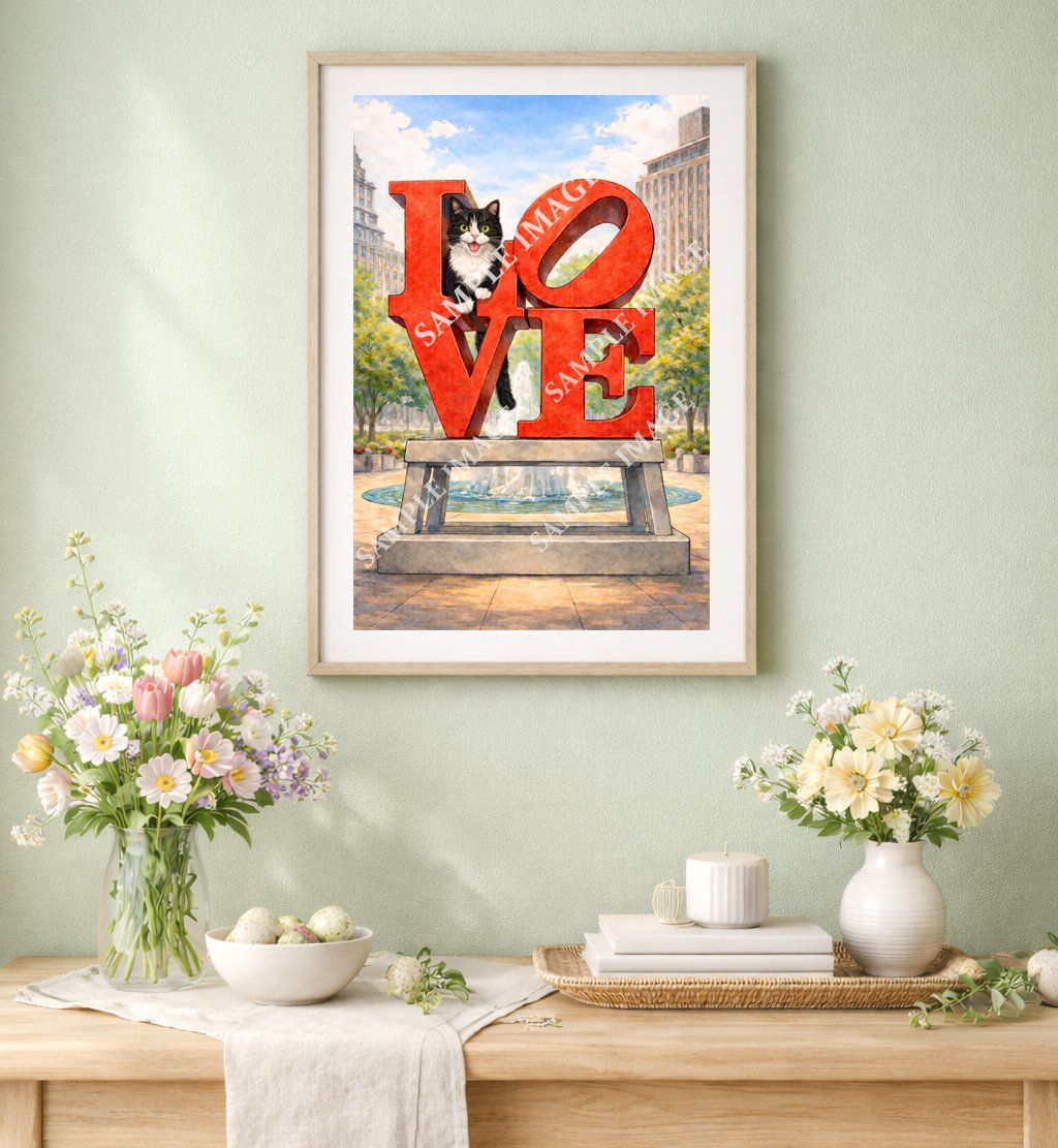 Tuxedo Cat and LOVE sculpture