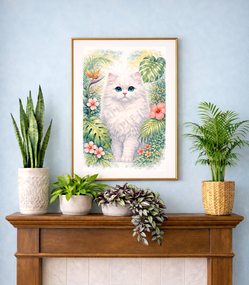 White Persian Cat and Tropical Plants
