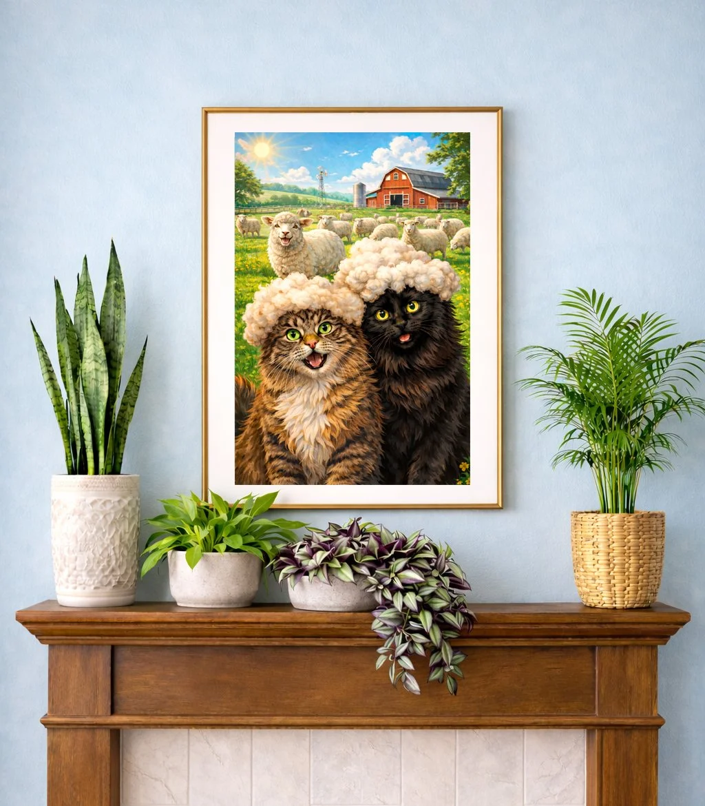 Cats with wool caps on a farm