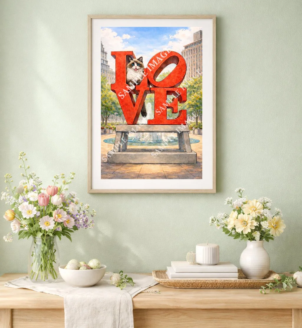 Ragdoll cat and LOVE sculpture