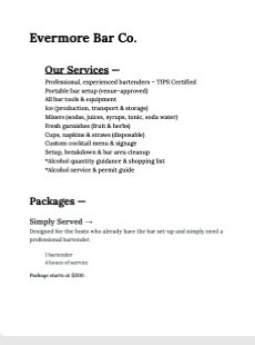 Evermore Bar Co Event Packages Info Sheet