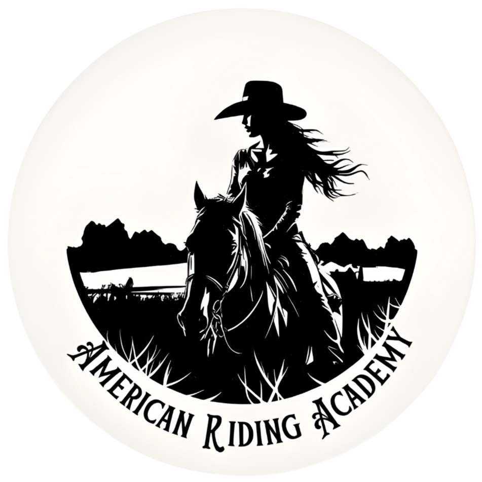Silhouette of a woman riding a horse, wearing a cowboy hat, with a western landscape in the background, and the text "American Riding Academy" at the bottom.