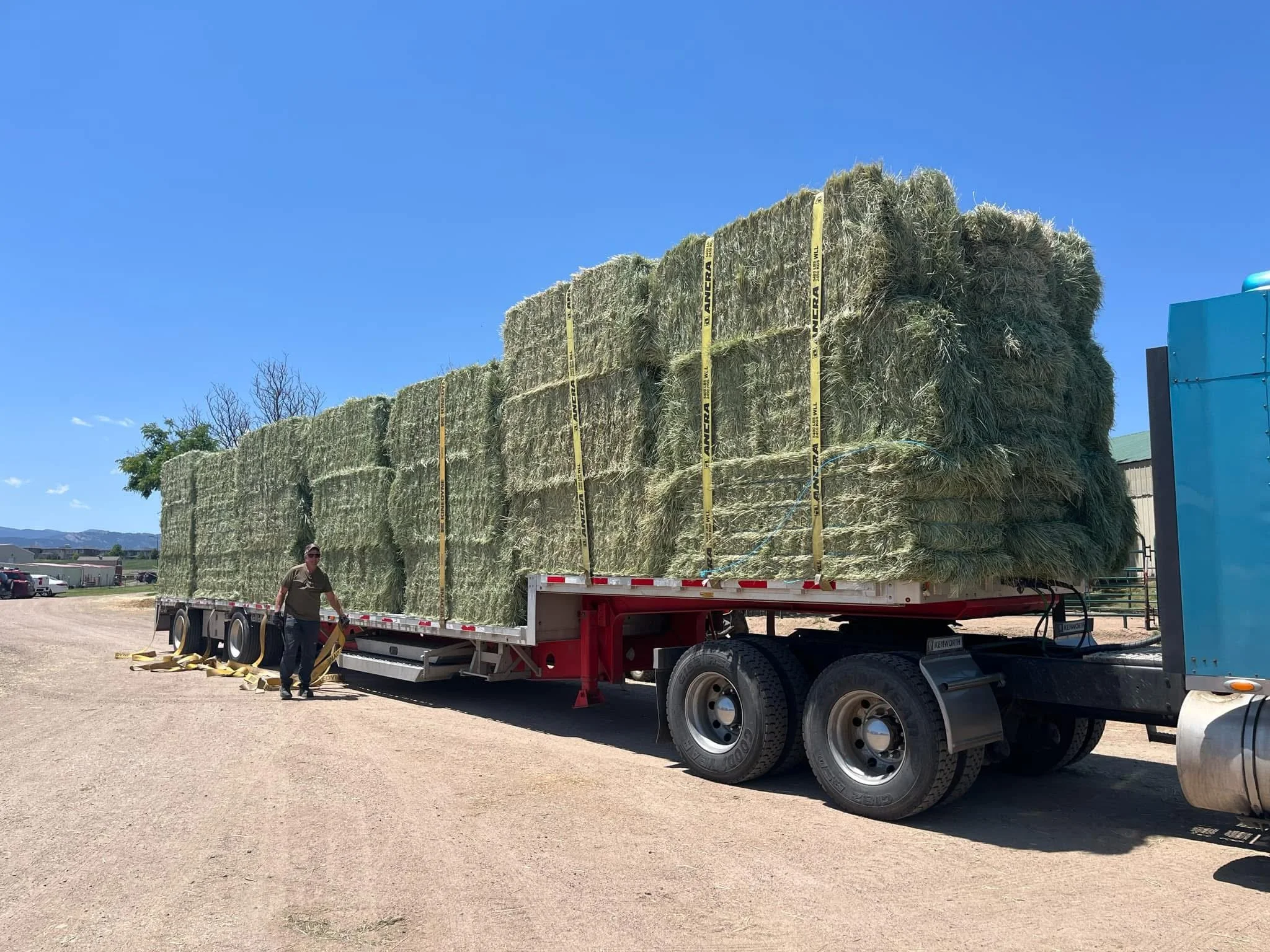 A truck loaded with large bales of hay parked on a dirt road with a person standing nearby.