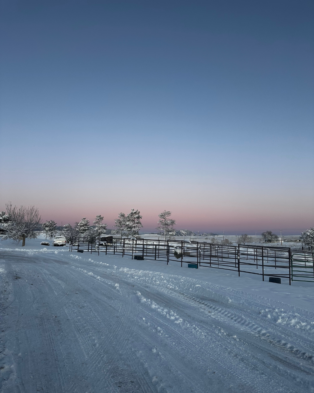 Snow-covered rural landscape with trees, a fenced area, and a few parked vehicles under a twilight sky.