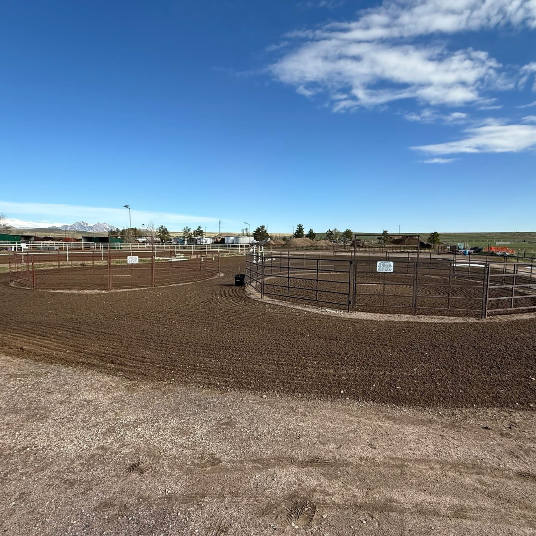 A fenced rodeo arena with brown dirt ground and a clear blue sky with some clouds.