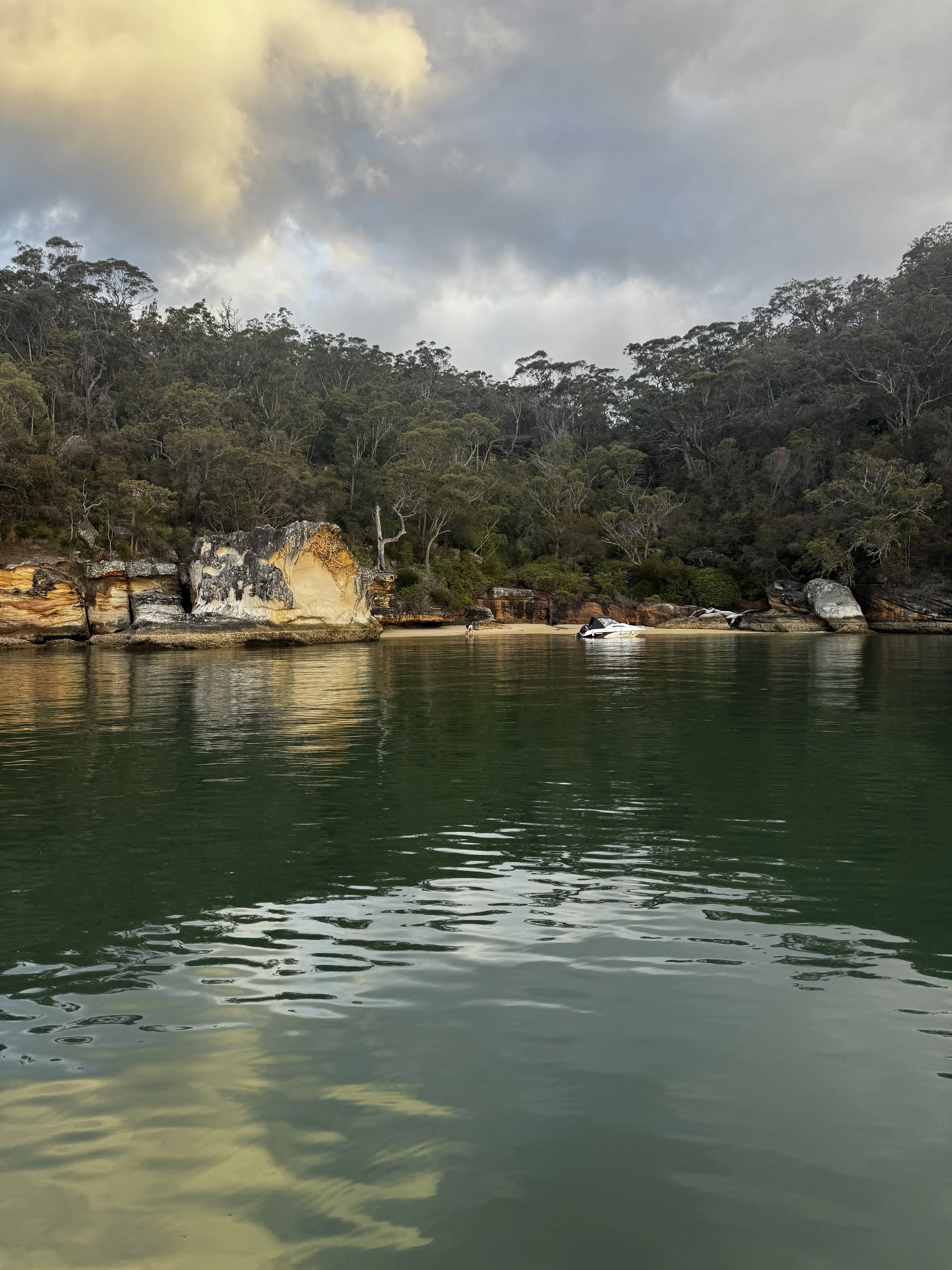 Scenic view of a body of water near rocky shore with greenery-covered hillside and a cloudy sky in the background. Church Point Charter self-drive charter boat hire Pittwater