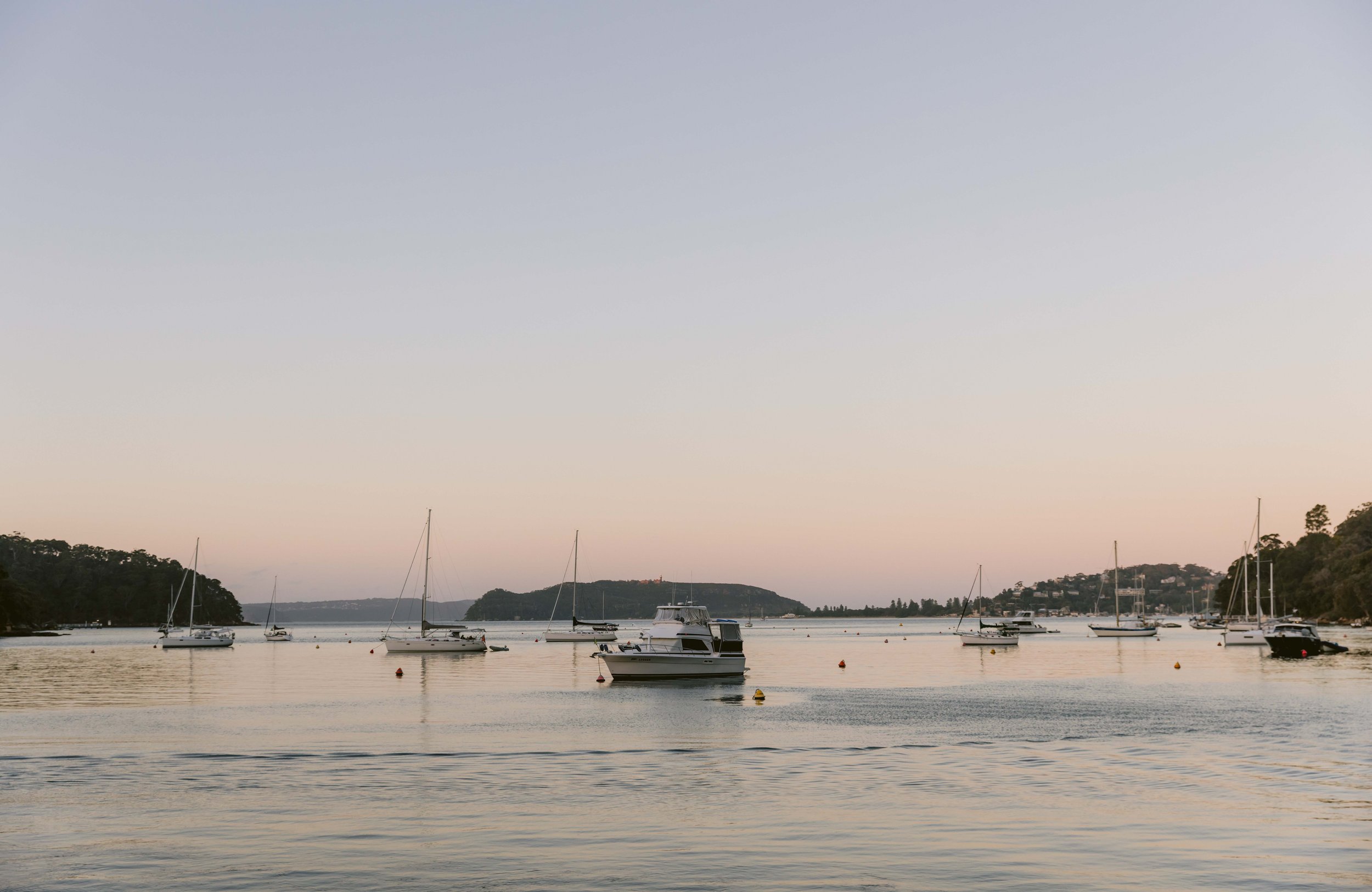 A harbor with sailboats and yachts anchored on calm water, surrounded by hilly land with trees and buildings in the background at sunset or dawn. Church Point Charter self-drive charter boat hire Pittwater