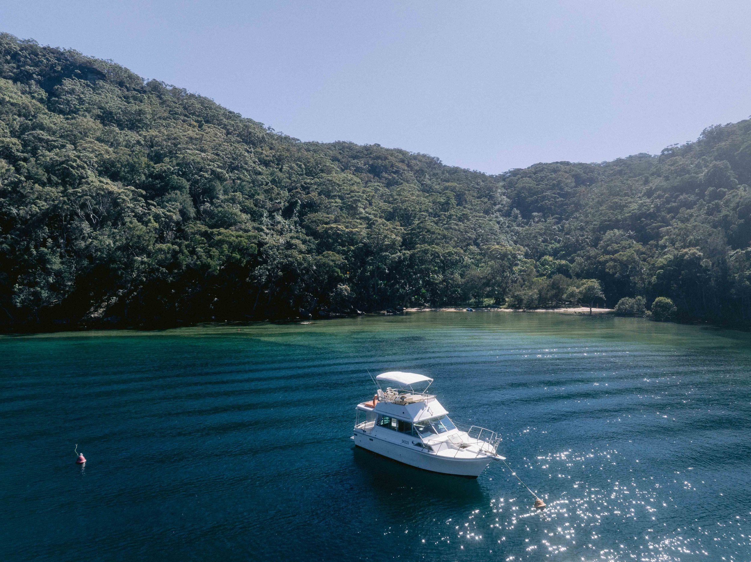 A boat floating on a calm, blue-green body of water near a forested shoreline with lush green trees and hills, under a clear blue sky. Church Point Charter self-drive charter boat hire Pittwater